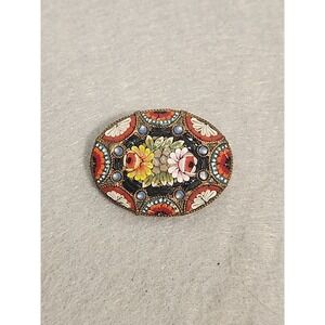 Vintage Italian  Micro Mosaic Italy Millefiori Accent Flower Brooch